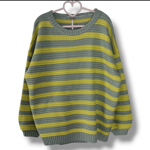 NEW Free People Links Pullover Oversized Sweater Yellow/Grey Stripe Combo Medium - Picture 4 of 7